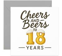 Cheers and Beers - Biglietto di auguri per 18° compleanno, per uomo, figlio, fratello, nipote, nipote, quadrato, interno bianco con busta di alta qualità
