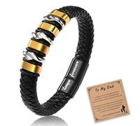 Cheerslife Bracciale Uomo in Pelle Nera Braccialetto Uomo Cuoio Argento Oro Charms in Acciaio con Chiusura Magnetico Intrecciato in Pelle Bracciale Compleanno Natale Ringraziamento Regalo per Papà