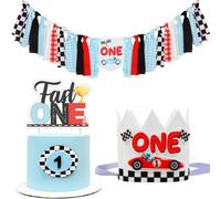 Cheerupp Decorazioni per il primo compleanno di auto da corsa per lei e lui, decorazione per torta Fast One, striscione per seggiolone e una corona di cappello scintillante di compleanno per felice