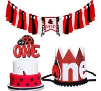Cheerupp Decorazioni per il primo compleanno di coccinella per lei e lui, dolce coccinella primaverile topper per torta seggiolone e una corona di cappello scintillante di compleanno per felice primo