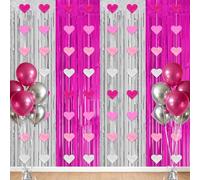 Cheerupp Set di 2 tende con frange in lamina di alluminio rosa acceso, con ghirlande a forma di cuore, ideali per cabina fotografica, decorazioni per addio al nubilato, addio al nubilato, addio al