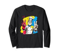 Chef Sorridente Segno Pace retrò Ritratto Grafico Doppio Cuoco Maglia a Manica