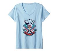 Chef Stellato Maglietta con Collo a V, Donna, Celeste, XL