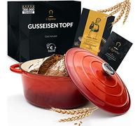 Padella in ghisa smaltata 26 cm 4,7L - Padella per stufare con coperchio adatta all'induzione - Casseruola in ghisa - Padella per il pane - Rosso