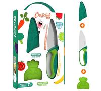 CHEFCLUB KIDS - Coltello da Cucina per Bambini - Lama in Acciaio Inossidabile + Proteggi-Dita e Coprilama - Utensile Sicuro ed Ergonomico - Verde - Ideale dai 7 Anni in Su