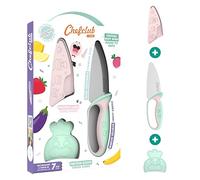 CHEFCLUB KIDS - Kit coltelli da cucina per bambini - Lama in acciaio inossidabile - Protezione per le dita e lama - Utensile sicuro ed ergonomico - Rosa e verde pastello - Ideale dai 7 anni