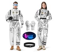 Cheffery Costume da Astronauta Uomo Donna, Tuta Spaziale Argentata con Guanti e occhiali LED, Costume Astronauta per Adulto Cosplay Carnevale Halloween (XXL)