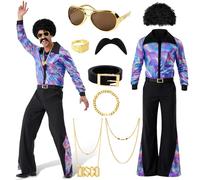 Cheffery Costume da Discoteca Anni '70, 10 Pezzi Costume Hippie Uomo Anni 70 con Camicia Parrucca Pantaloni a Zampa e Accessori, Vestito Hippie Uomo per Disco Carnevale 60s 70s 80s Festa Cosplay (2XL)