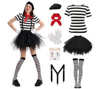 Cheffery Costume Mimo Donna, 10 Pezzi Vestito Pantomime Donna con Top a Righe, Gonna a Sbuffo, Basco, Sciarpe, Guanti, Tatuaggio Viso, Bretelle Regolabili, Costume Circo Donna per Carnevale (XL)