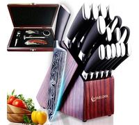ChefHoablorn Set di coltelli da cucina con portacoltelli, 15 pezzi professionali in acciaio inox Damasco con affilacoltelli incorporato e confezione regalo per il vino