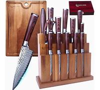 ChefHoablorn Set di coltelli Damasco 15PCS Set di coltelli da cucina con blocco Premium Chef coltello in acciaio inox, coltello da cucina giapponese, con Exrtra tagliere Vino cavatappi Set.