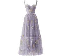 CheJooe Abito da donna con fiori ricamati, abito da damigella d'onore, corsetto formale, da sera, abito da ballo, abito da fata, abito da sposa lungo, Viola Tea, S