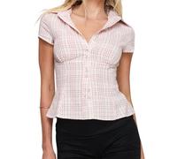 CheJooe Camicetta a tunica da donna a quadri con bottoni e scollo a V camicie increspate slim fit tinta unita colletto con risvolto a maniche corte top da donna Y2k camicia casual estiva, A-rosa, M