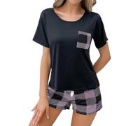 CheJooe Pigiama estivo da donna, con scollo rotondo, maniche corte e pantaloncini a quadri, in cotone, set da 2 pezzi, abbigliamento da notte casual, rosa, M