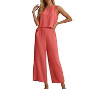 CheJooe Set da salotto da donna UK 2 pezzi abiti da donna senza maniche canotta corta e pantaloni a gamba larga tuta estiva set abbigliamento resort, Rosso corallo., L