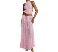 CheJooe Set maxi gonna sexy da donna in 2 pezzi, con lacci e schiena scoperta, in pizzo, senza maniche, crop top con volant, gonna lunga fluida, set Y2k, abbigliamento estivo da spiaggia, rosa, M