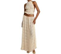 CheJooe Set maxi gonna sexy da donna in 2 pezzi, con lacci e schiena scoperta, in pizzo, senza maniche, crop top con volant, gonna lunga fluida, set Y2k, abbigliamento estivo da spiaggia, Albicocca,