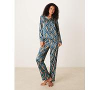 Chelsea Peers - Pigiama in raso a maniche lunghe con rever e stampa di tigri che ballano-Blu 44