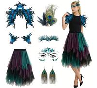 CHENBOOW Costume da Pavone da Donna,7 Pezzi Costume da Donna,Midi A Vita Alta in Linea Ad A,Gonna Tulle Pavone con Polsini Piuma Naturale,per Carnevale Halloween Cosplay