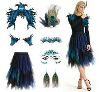CHENBOOW Costume da Pavone da Donna,7 Pezzi Costume da Donna,Midi A Vita Alta in Linea Ad A,Gonna Tulle Pavone con Polsini Piuma Naturale,per Carnevale Halloween Cosplay