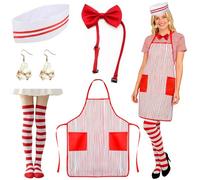 CHENBOOW Waiter Costume Kit,5 Pezzi Waitress Costume Accessories Set,Red and White Striped Apron,Grembiule,Papillon,Orecchini a Forma di Popcorn,per Carnevale,Carnevali e Feste a Tema,Halloween