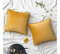 Chenso Confezione da 2 Fodere per Cuscini in Velluto con Pompon Federe Decorative Natalizie Fodere per Cuscini Solidi e Morbidi con pomelli Quadrati per Divano Divano Camera da Letto auto-20 x20_Oro