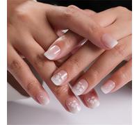 Chenxi Studio 24 unghie corte con punta francese, a pressione, con motivi floreali, semi trasparenti, quadrate, finte incollabili sulle unghie per donne