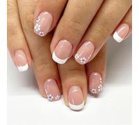 Chenxi Studio 24 unghie finte corte quadrate con fiori, unghie artificiali, bianche, con punta francese, unghie adesive lucide a pressione per donna