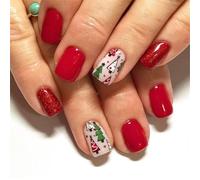 Chenxi Studio 48 unghie finte corte quadrate a pressione, per Natale, unghie artificiali con albero di Natale, ciliegie attaccate