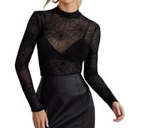 Chenxi Studio Camicetta aderente in rete trasparente per le donne a maniche lunghe con collo a lupetto t-shirt vedere attraverso ragnatela Halloween pullover top coverup top da donna alla moda, Nero