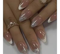 Chenxi Studio French Tip Press On Nails Media Lunghezza Coperture Piene Unghie Finte Unghie Artificiali Scintillanti Stick on Nails