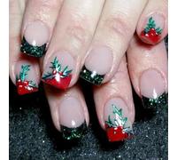 Chenxi Studio French Tip Unghie finte Natale Press On Nails Full Covers Stick on Nails Ciliegie Unghie Artificiali Manicure Forniture