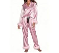 Chenxi Studio Pigiama da donna a righe tinta unita con risvolto a maniche lunghe Set di pigiama in poliestere leggero caldo tessuto traspirante per la casa Noi Lounge pigiama sonno, G, M