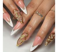 Chenxi Studio Unghie artificiali eleganti punte francesi premere sulle unghie per le donne 3D Rose Decors Stick on Nails Manicure Nail Decorazione