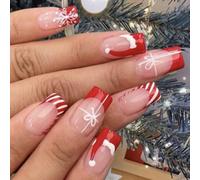 Chenxi Studio Unghie finte quadrate a pressione natalizie Unghie finte con punta francese Stick on Nails con fiocco di neve unghie artificiali acriliche