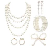 chenyu 6 Pezzi Set Collana Perle Donna Bigiotteria Pvc Tipo a Quattro File Bracciale Perle Donna Collana di Perle per Matrimoni e Feste Datazione Accessori Anni 20
