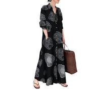 CHENZKBD Abiti da Donna Cotton E Lino Stampata A Manica Lunga Semplice Abiti da Camicia Lunghi Sciolti per Donne-Nero-l