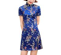 Cheongsam Costume a maniche corte con spacco laterale stampa floreale colletto alla coreana vintage cinese da sera mini abito aderente da cocktail, 146-2-blu, M