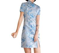 Cheongsam Costume a maniche corte con spacco laterale stampa floreale colletto alla coreana vintage cinese da sera mini abito aderente da cocktail, 145-8-cielo Blu, M