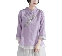 Cheongsam - Maglietta da donna con maniche a 3/4, con ricamo floreale, colletto alto, a maniche lunghe, con ricamo floreale, per il tempo libero, estiva, Lilla, XL
