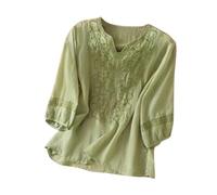 Cheongsam Top da donna a maniche 3/4, oversize, a maniche lunghe, scollo a V, con ricamo floreale, camicia in lino, per il tempo libero, leggera e ariosa, a maniche lunghe, verde, S