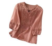 Cheongsam Top da donna a maniche 3/4, oversize, a maniche lunghe, scollo a V, con ricamo floreale, camicia in lino, per il tempo libero, leggera e ariosa, a maniche lunghe, Colore: rosso, S
