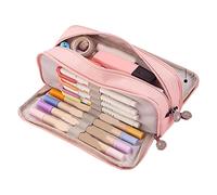CHEOTIME Astuccio di grande capacità, 3 scomparti con doppia apertura, in morbida tela, con cerniere antipolvere, per studenti delle scuole (Rosa)
