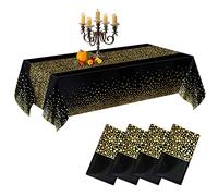 CHEPULA Tovaglia Usa e Getta, 4 Pezzi Tovaglie Compleanno Impermeabile, Monouso Plastificata Rettangolare Tovaglia per Festa, Matrimoni, Compleanno Bambini, 137 x 274 cm, Nero e Oro