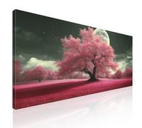 CheQuadro! Quadro astratto moderno, decorazione soggiorno grande, Paesaggio Notturno con Alberi Rosa e Luna Piena Fantasy, su tela, intelaiato pronto da appendere bow29-170x80 cm