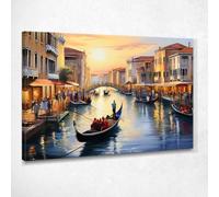 CheQuadro! Quadro astratto urbano, arredamento soggiorno moderno, decorazione parete, Giro in Gondola a Venezia al Tramonto tra i Canali, su tela pronto da appendere ct10-100x70 cm