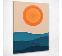 CheQuadro! Quadro boho chic, paesaggio su tela, decorazione camera da letto, soggiorno, Onde Blu sotto un Sole Arancione, stampa su tela, intelaiato pronto da appendere bho21-50x70 cm