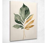 CheQuadro! Quadro botanico su tela, decorazione minimal, Elegante Foglia Minimalista Verde e Oro, stampa su tela, intelaiato pronto da appendere btn11-40x30 cm