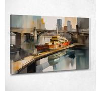 CheQuadro! Quadro città contemporanea, decorazione parete, soggiorno moderno, Nave Ancorata Sotto i Ponti di una Città Moderna, su tela pronto da appendere ct15-115x80 cm