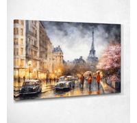 CheQuadro! Quadro città futuristica, decorazione soggiorno, arte su tela, Persone in Cappotti Rossi tra le Luci di Parigi e Torre Eiffel, su tela pronto da appendere ct23-150x105 cm